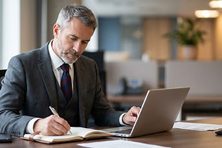 Accounting Director and Finance Manager working on financial documents and a laptop in a professional office