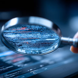 Magnifying glass analyzing digital code, representing AI-powered compliance policy validation and review